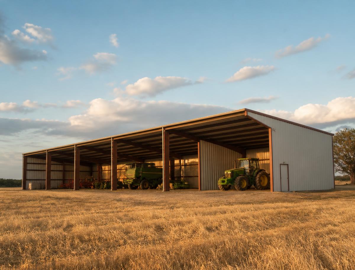 Large agricultural metal barn with open equipment bays on a Texas ranch