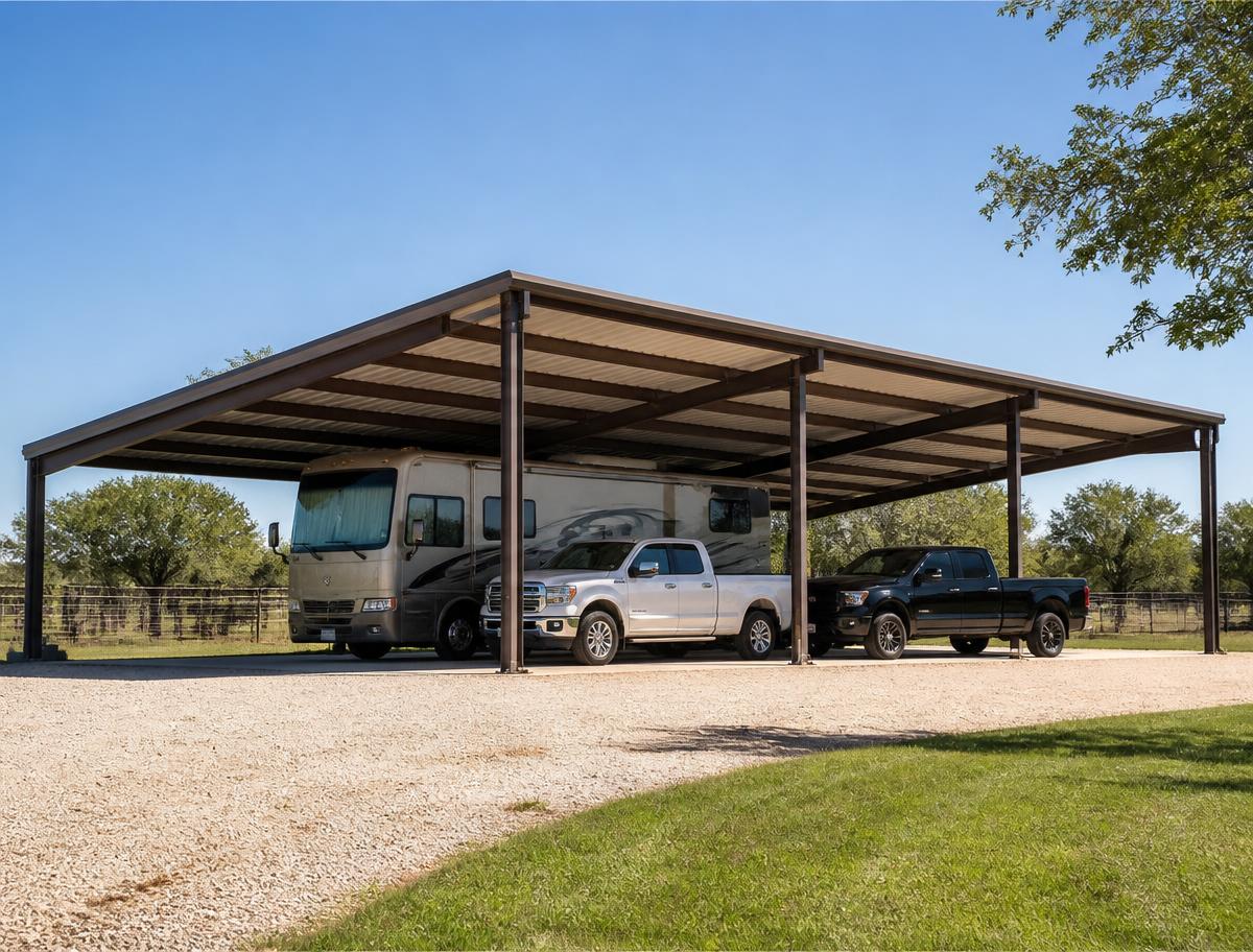 Steel carport covering pickup trucks and an RV on a rural Texas property