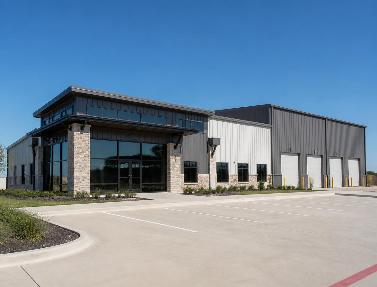 Commercial steel building with office entry and drive-in bays in Texas