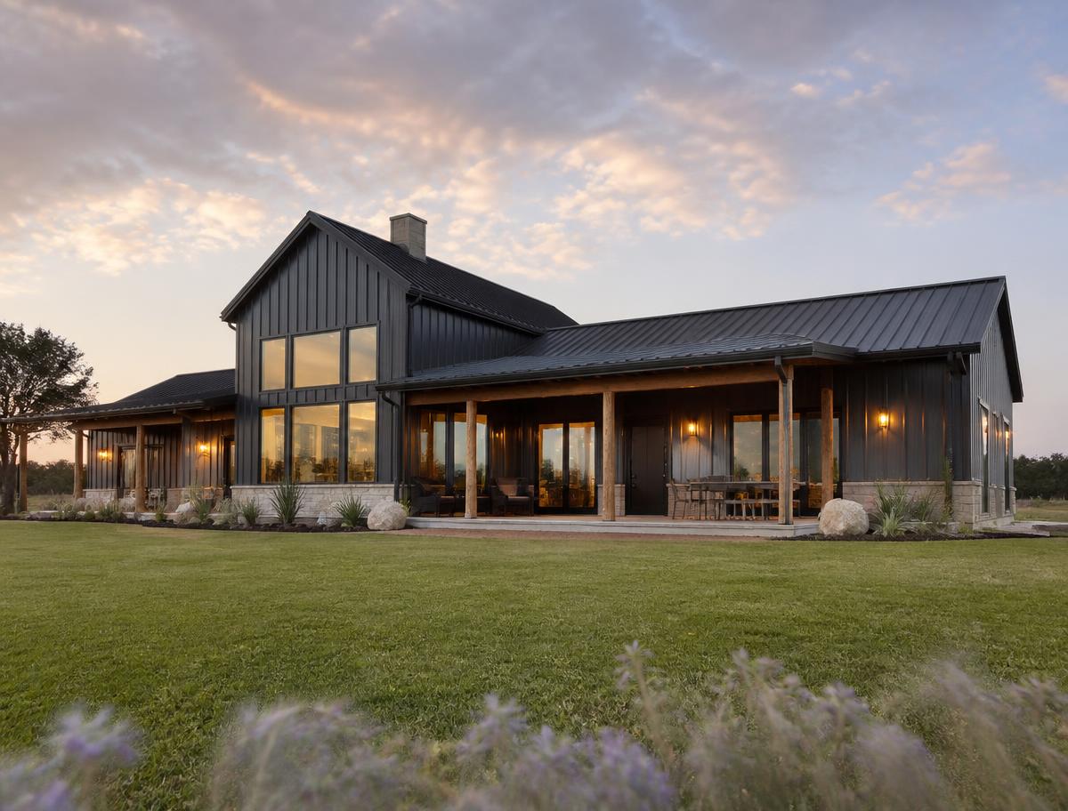Modern barndominium custom metal structure with covered porch in the Texas countryside